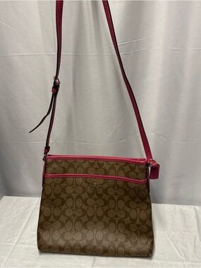 Coach Brown Signature Crossbody with Pink Trim